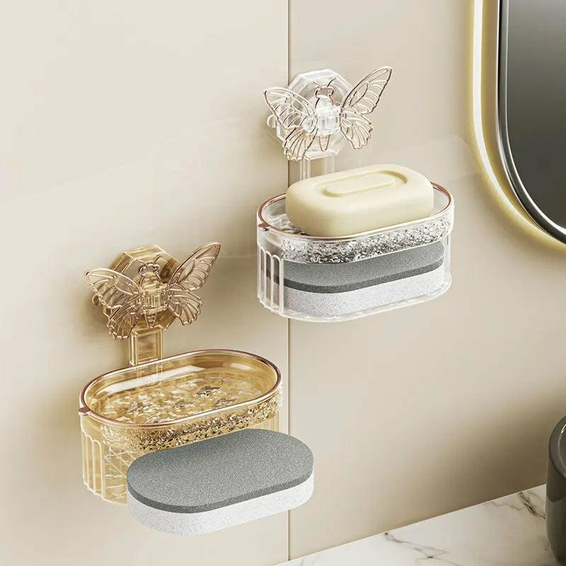 Bathroom Organization |  Double-Layer Butterfly Suction Cup Soap Box With Drainage, Sponge Holder Bath & Laundry Bathroom Organization