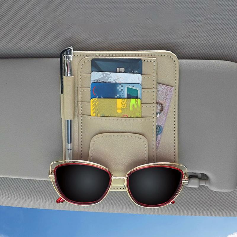 Car Accessories |  Leather Car Sun Visor Organizer – Multi-Pocket Holder For Sunglasses, Cards, Bills, Wallet, Pen Car Accessories Beige