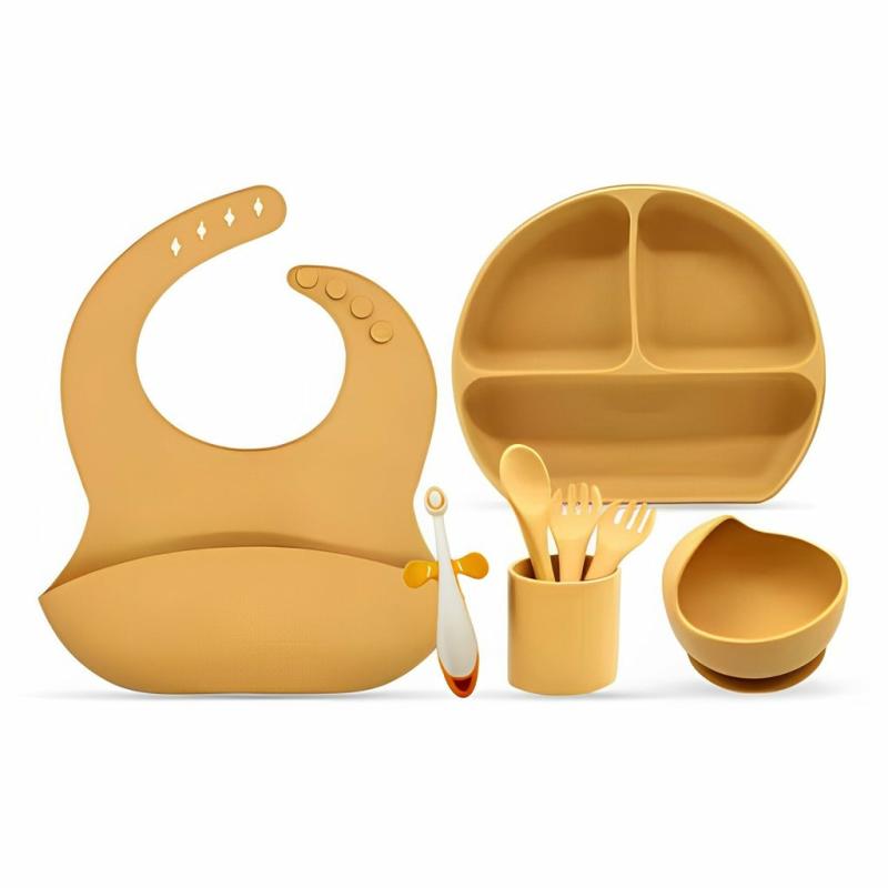 Child & Toddler |  Baby Silicone Cutlery Set, Kids Tableware Feeding Suction Cup Bowl Bib Plate Spoon Toddler Dining Set Baby Care Baby Care