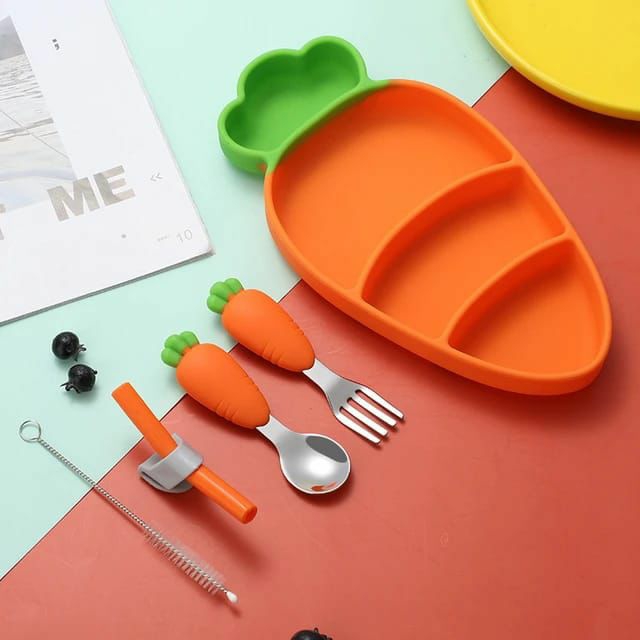 Child & Toddler |  Children Non-Slip Silicone Suction Dinner Plate, Divided Carrot Shaped Baby Plate With Fork Spoon Child & Toddler Child & Toddler