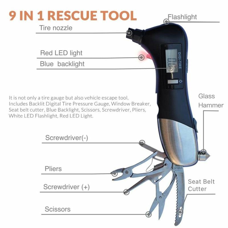 Diy & Tools |  9 In 1 Digital Tire Pressure Gauge – Multifunctional Rescue Tool Kit, Flashlight With Tire Pressure Measuring Car Accessories 9 In 1 Digital Tire Pressure Gauge - Multifunctional Rescue Tool Kit, Flashlight With Tire Pressure Measuring