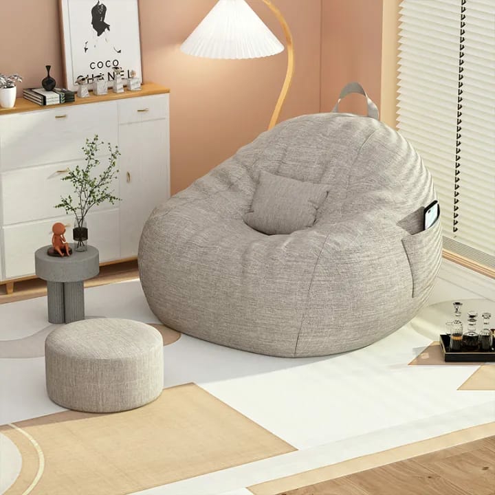 Home Furnishing |  Padded Bean Bag Chair With Footrest And Pillow, Comfortable Bean Bag Seat For Living Room, Bedroom, Balcony Home & Decor Beige