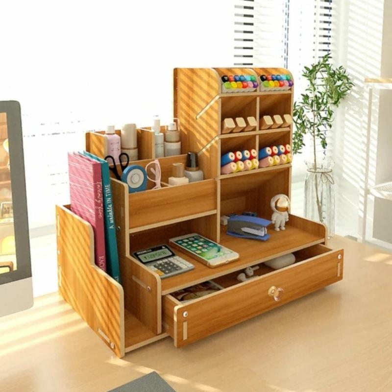 Home Organization |  Wooden Desk Organizer With Drawer, Pen Holder – Student And Office Desktop Marker Stationery Storage Rack Box Home & Decor Black