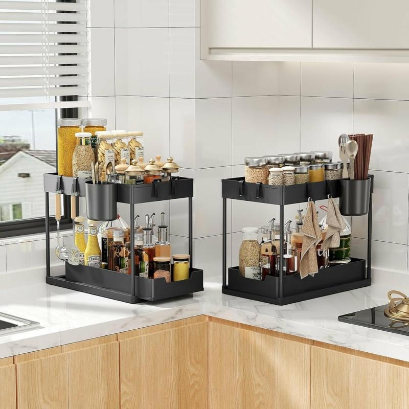 Kitchen Organization |  2 Tier Under Sink Organizer – Sliding Cabinet Rack For Kitchen And Bathroom Home & Decor 2 Tier Under Sink Organizer - Sliding Cabinet Rack For Kitchen And Bathroom