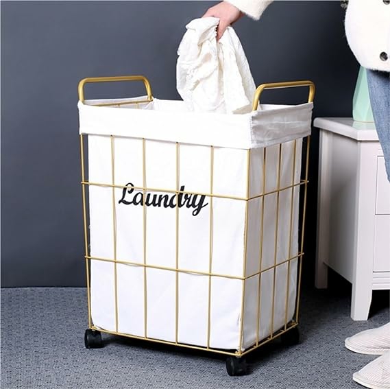 Laundry Baskets |  Metal Frame Laundry Basket With Wheels, Large Capacity Dirty Clothes Bucket Bath & Laundry Black